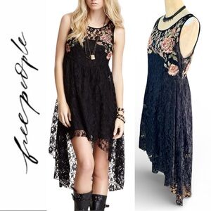 Free People Black “Russian Nesting Doll Dress” High Low Embroidered Black Lace-M